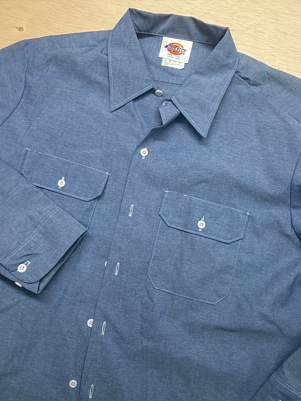 NWOT Vintage Dickies Work Shirt Mens 17-17.5 32/33 Blue LS Made in USA Deadstock
